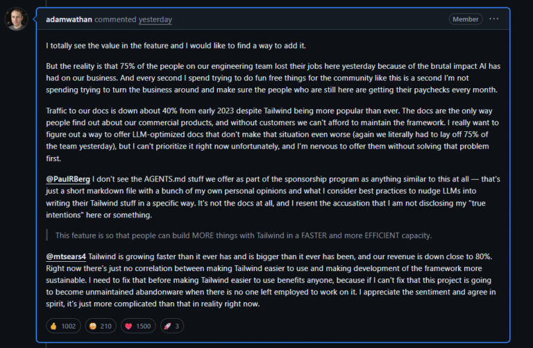 Tailwind Labs уволила 75% инженеров из-за падения доходов