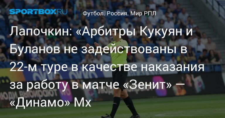 Лапочкин: судьи Кукуян и Буланов отстранены на 22-й тур за матч «Зенит» — «Динамо» Мх