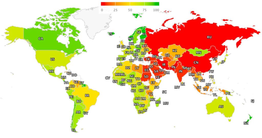 Россия - на предпоследнем месте в рейтинге свободы интернета